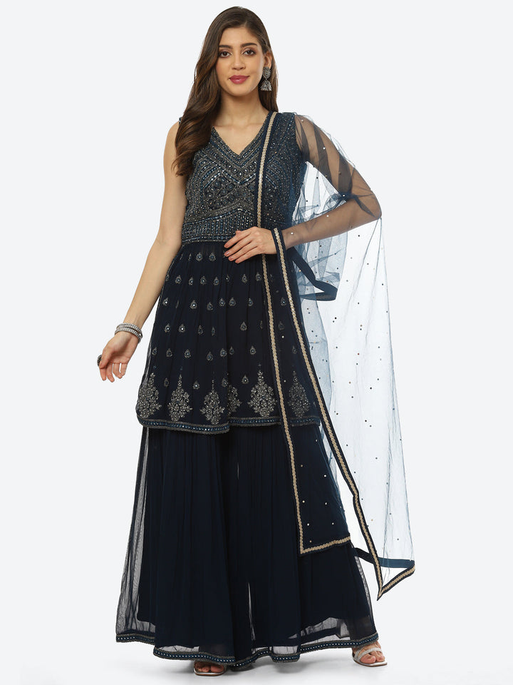 Embroidered Art Georgette Anarkali Kurti With Sharara And Net Dupatta