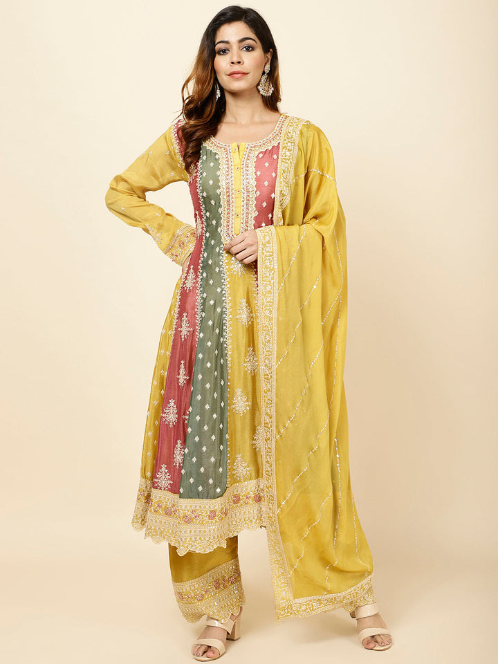 Embroidered Crepe Kurta With Palazzo &amp; Dupatta