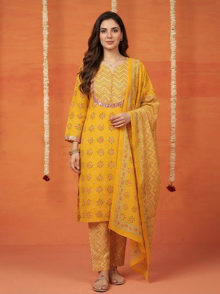 Printed Cotton Blend Kurta With Pant &amp; Dupatta