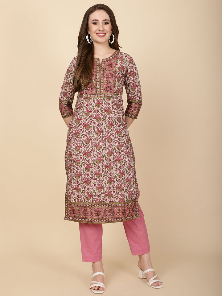 Floral Printed Cotton Kurta With Pants