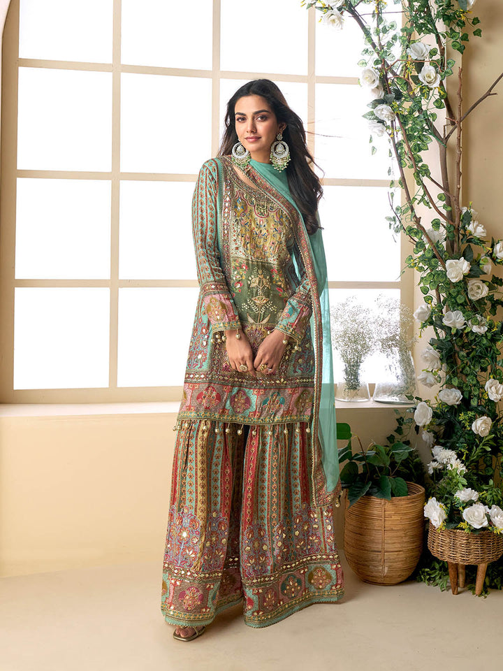 Sequins Embroidery Crepe Suit With Sharara &amp; Dupatta
