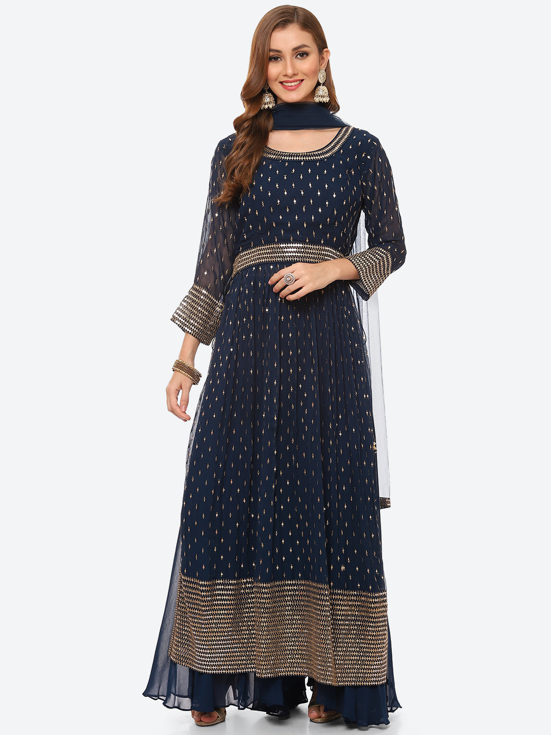 Sequin Work Georgette Kurta With Palazzo &amp; Net Dupatta