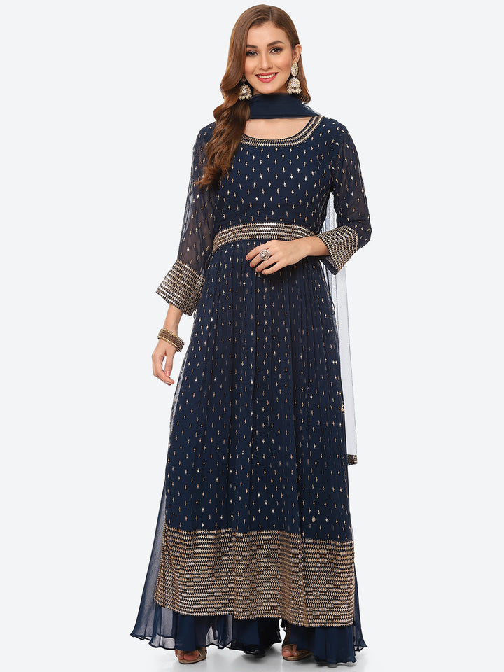 Sequin Work Georgette Kurta With Palazzo &amp; Net Dupatta