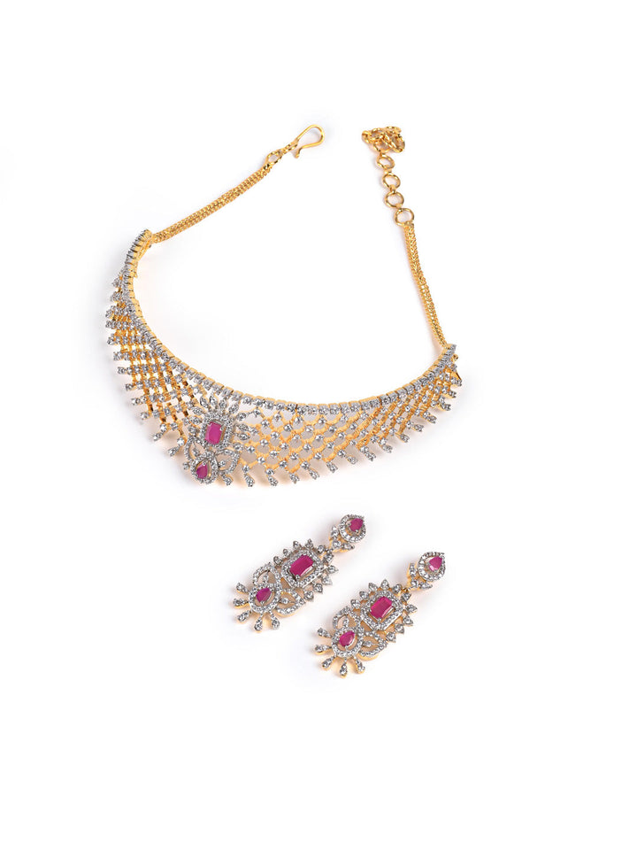 Golden &amp; Pink AD Necklace Set With Earrings