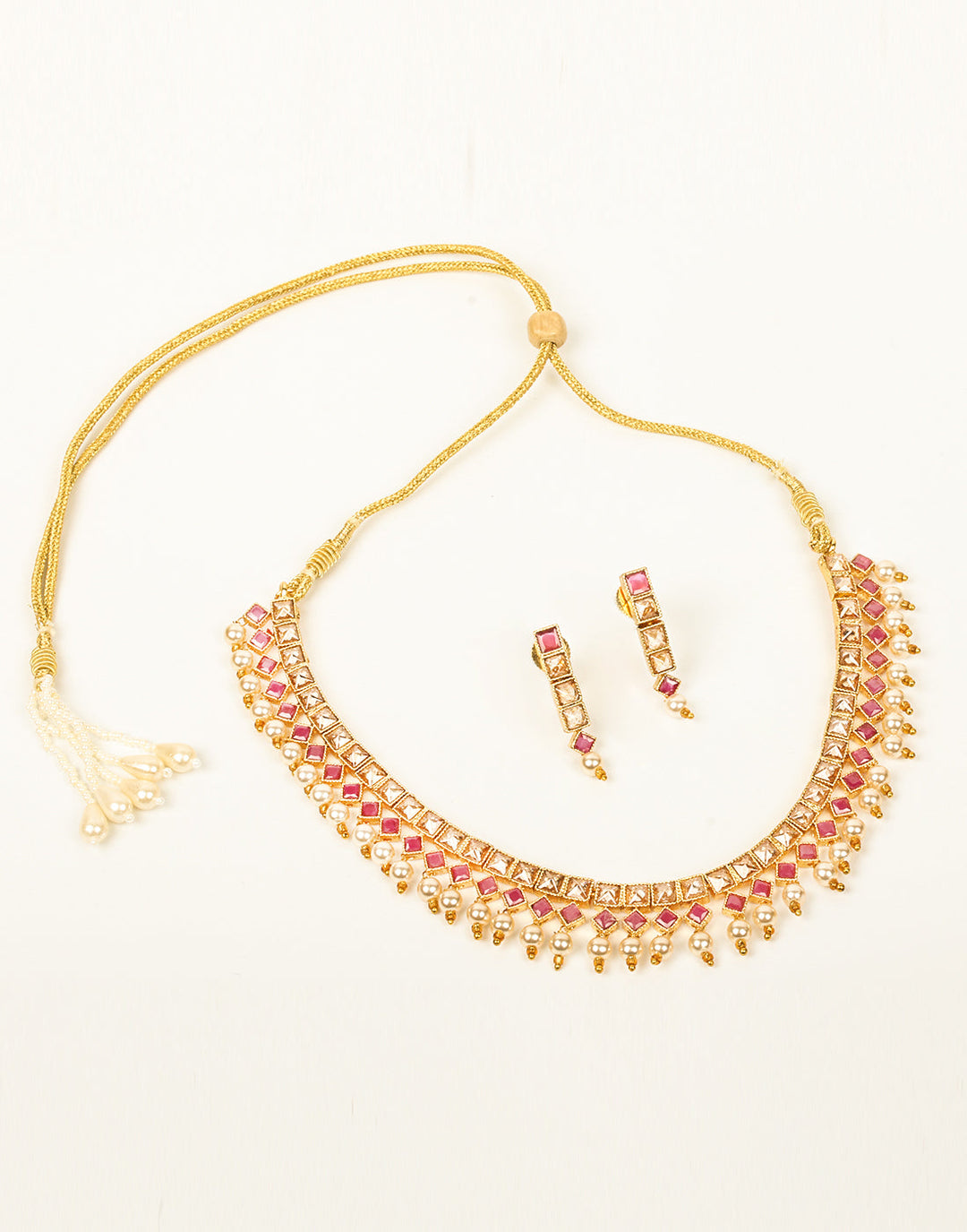 Colored Stone Golden Necklace Set With Earrings