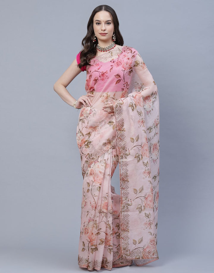 Digital Floral Printed Kora Saree with Stone Work Border