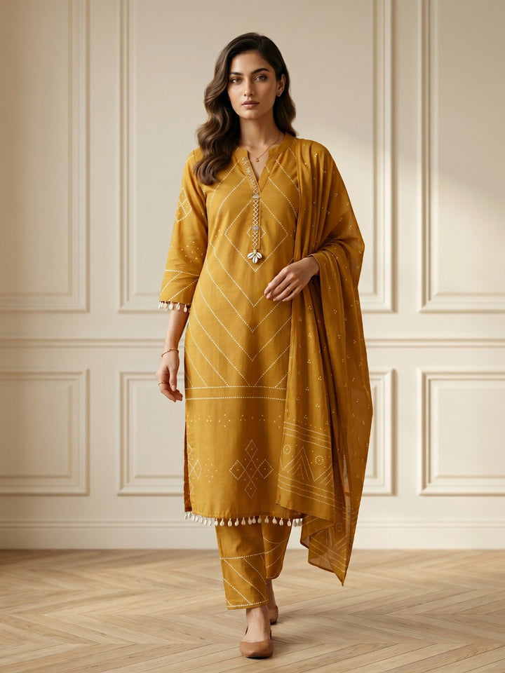 Mustard Embroidered Cotton Blend Straight V Neck Suit Set