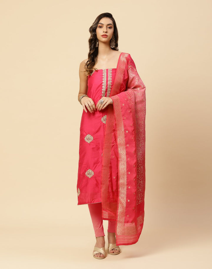 Embroidered Chanderi Suit Piece With Chanderi Banarasi Dupatta