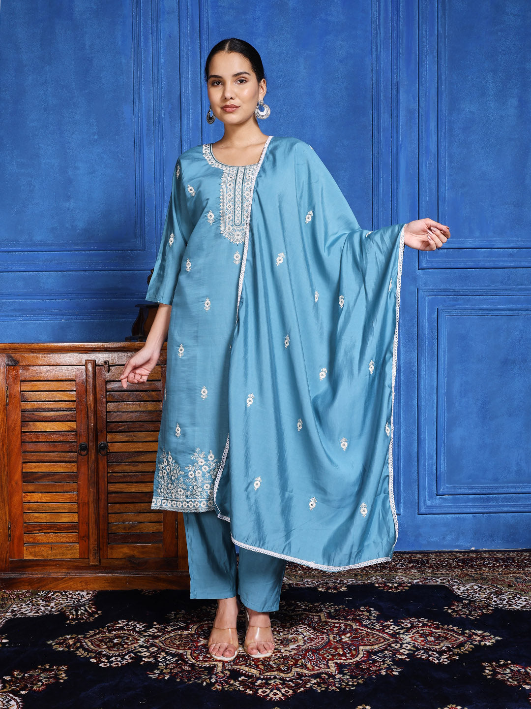 Printed Cotton Blend Kurta With Pants &amp; Dupatta