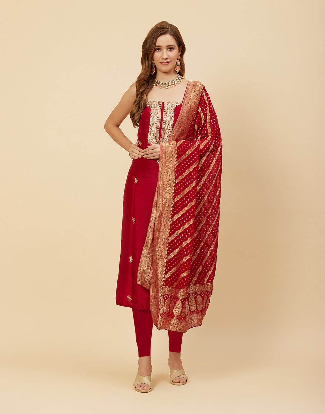 Embroidered Art Handloom Dupion Suit Piece With Bandhini Dupatta