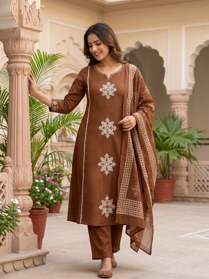 Neck Embroidered Cotton Blend Kurta With Pant &amp; Dupatta