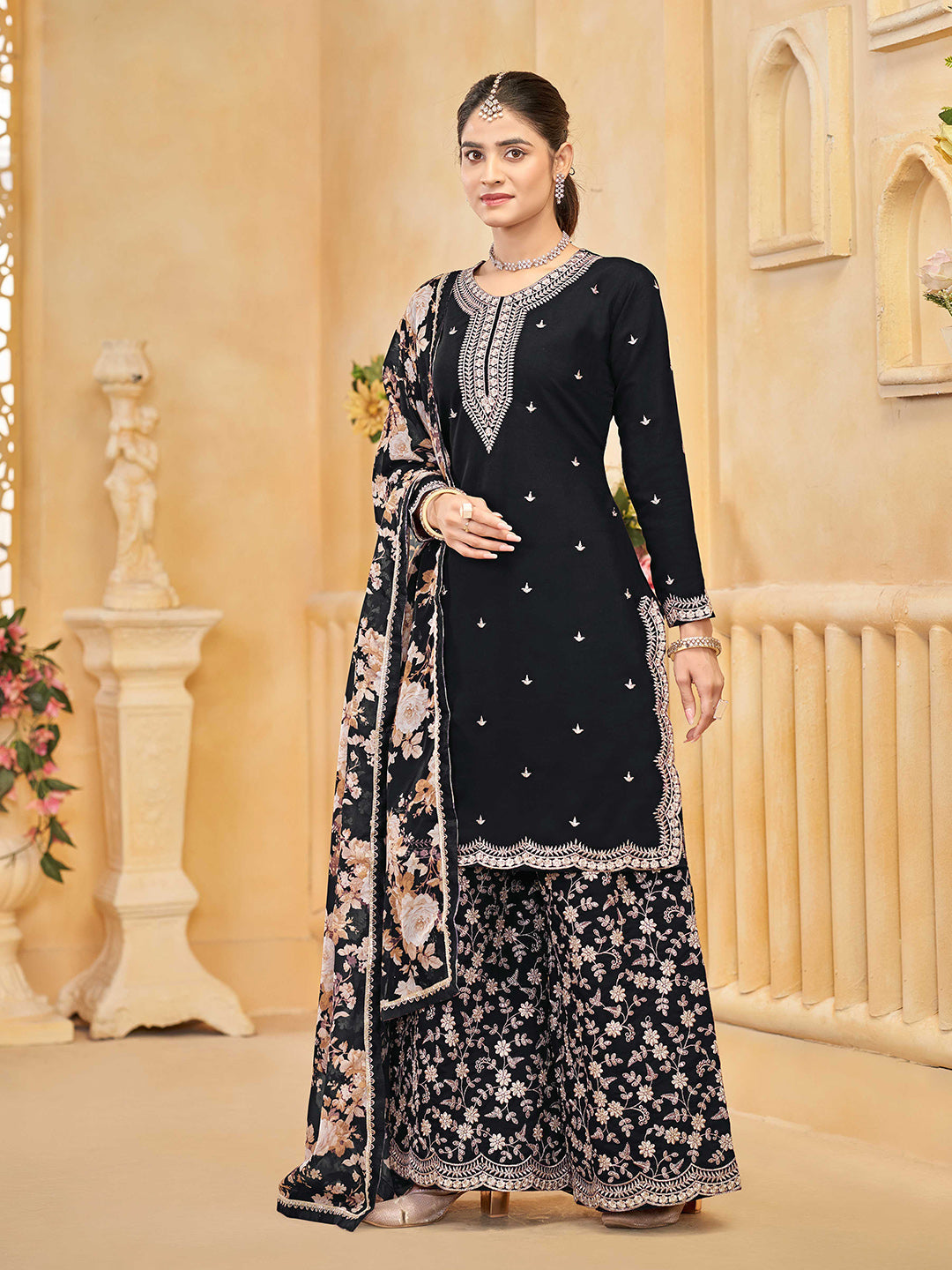 Embroidered Art Silk Kurta With Plazzo &amp; Dupatta