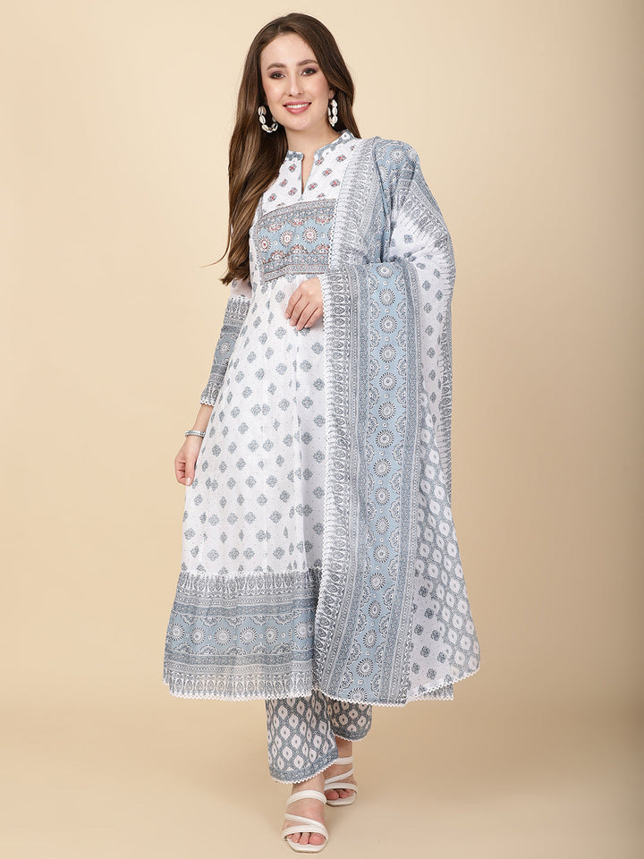 Floral Printed Cotton Kurta With Pants &amp; Dupatta