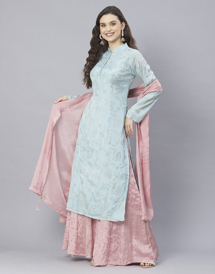 Aqua Blue and Pink Art Crepe Salwar Kameez