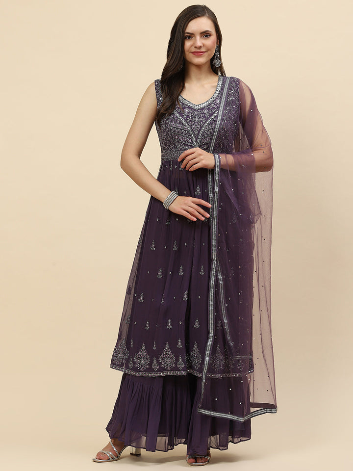Resham Mirror Booti Georgette Kurta With Palazzo &amp; Dupatta