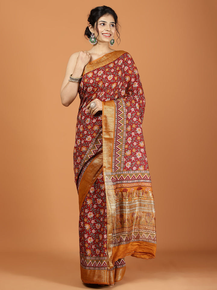 Floral Zari Border Printed Art Silk Woven Saree