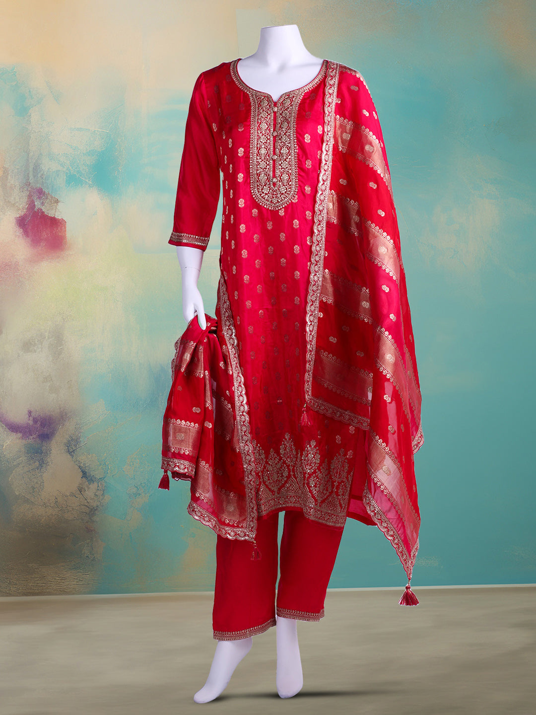 Embroidered Banarasi Kurta With Pant &amp; Dupatta