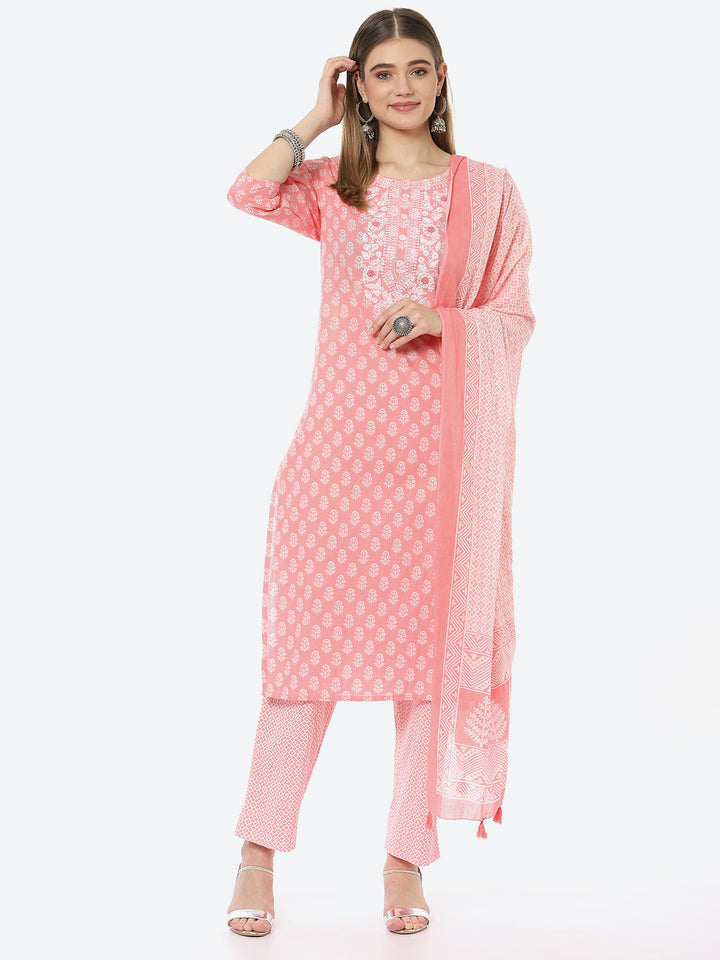 Resham Neck Booti Cotton Kurta With Pant &amp; Cotton Dupatta