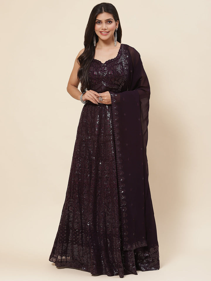 Sequin Embroidered Georgette Choli With Lehenga &amp; Dupatta
