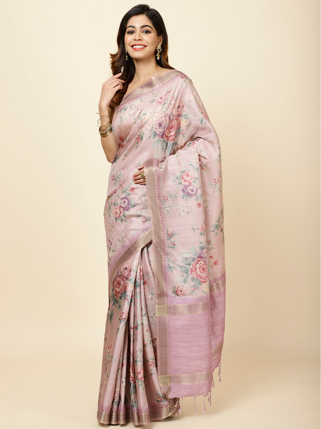 Digitally Floral Printed Tussar Saree