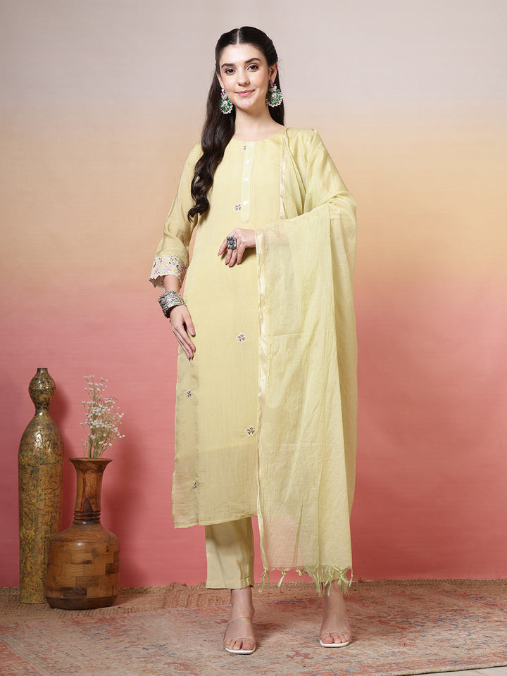 Plain Cotton Kurta With Pant &amp; Dupatta