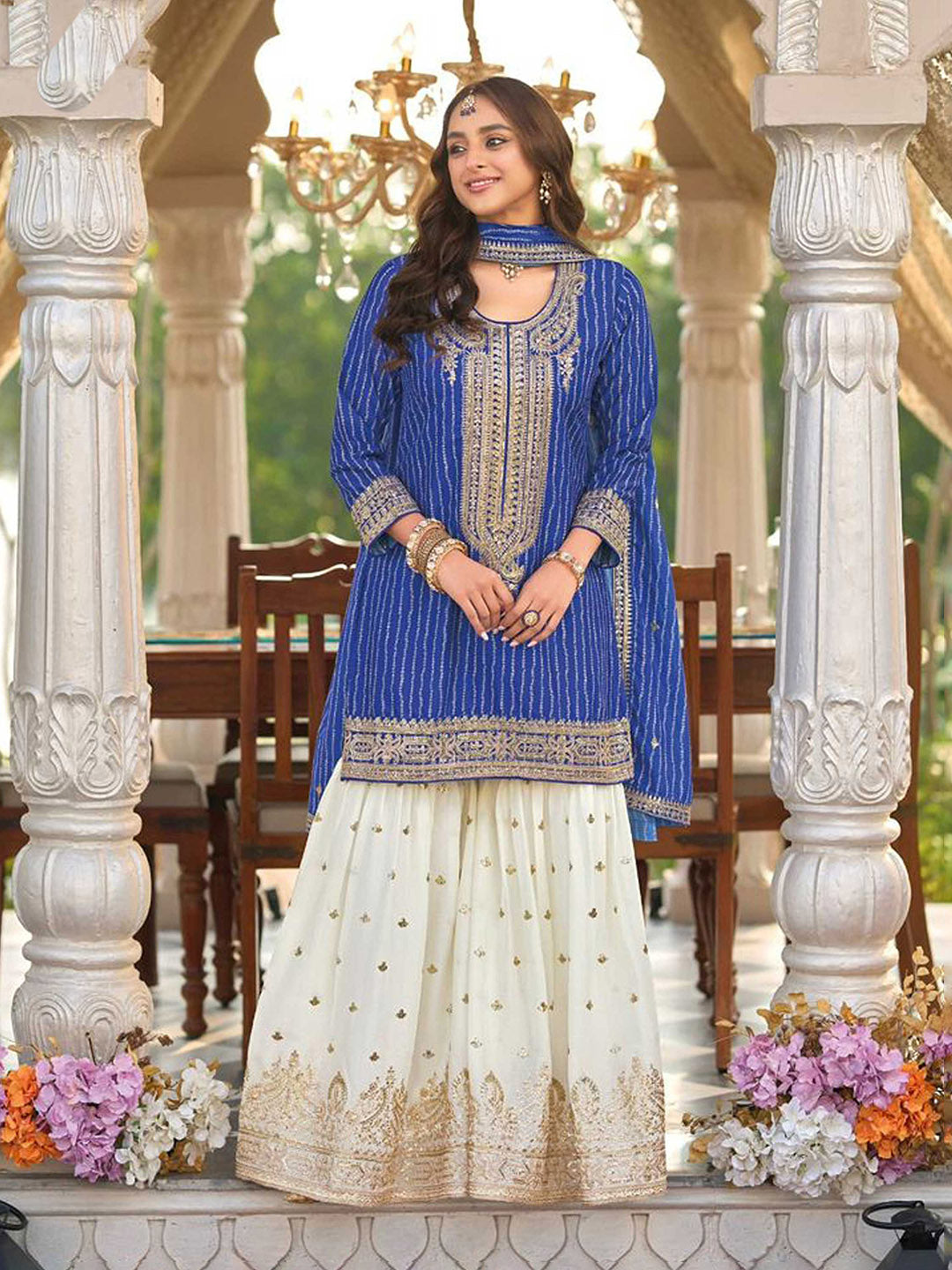 Embroidered Chinon Kurti With Gharara &amp; Dupatta