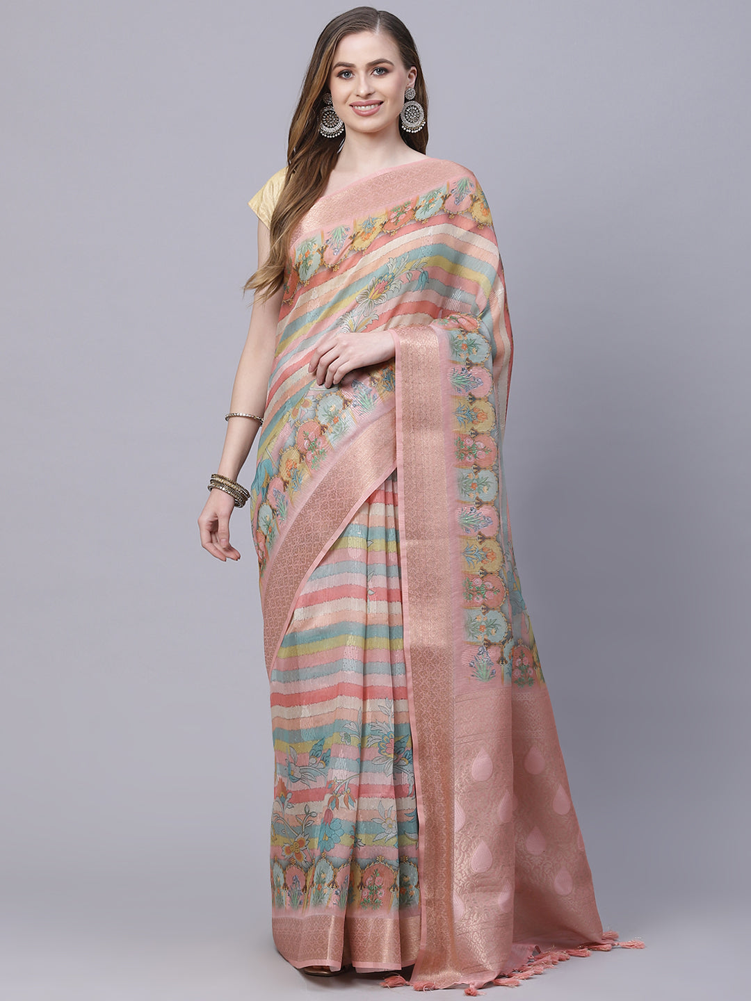 Floral Printed Cotton Chanderi Saree