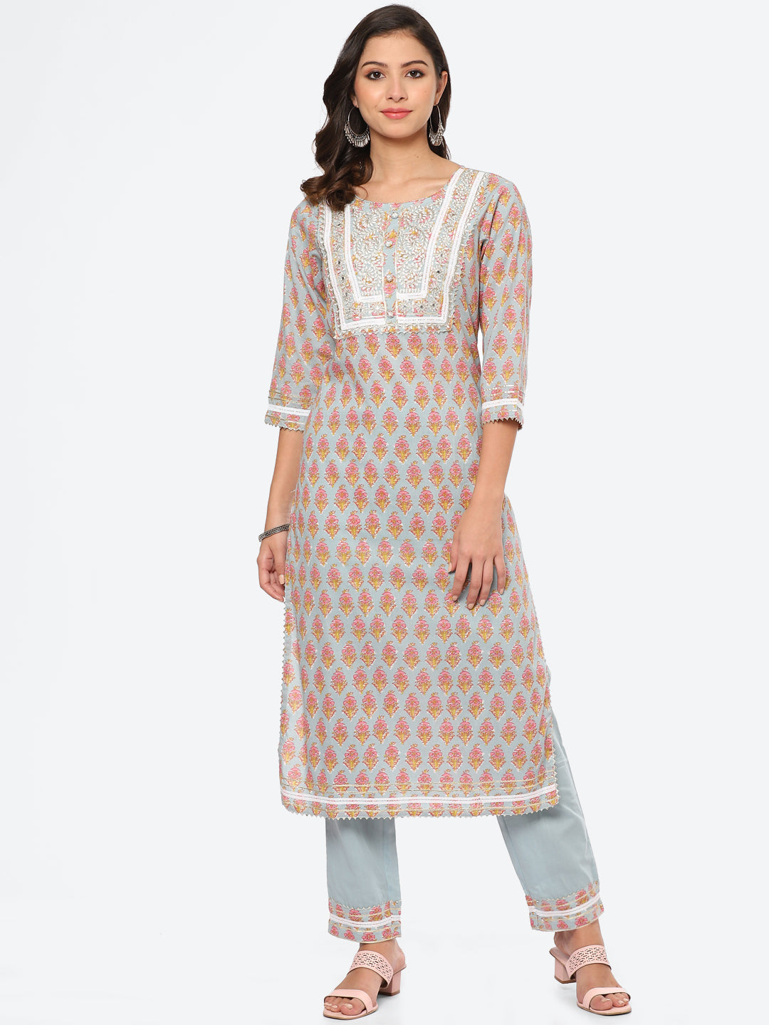 Zari Neck Embroidered Cotton Kurta With Palazzo