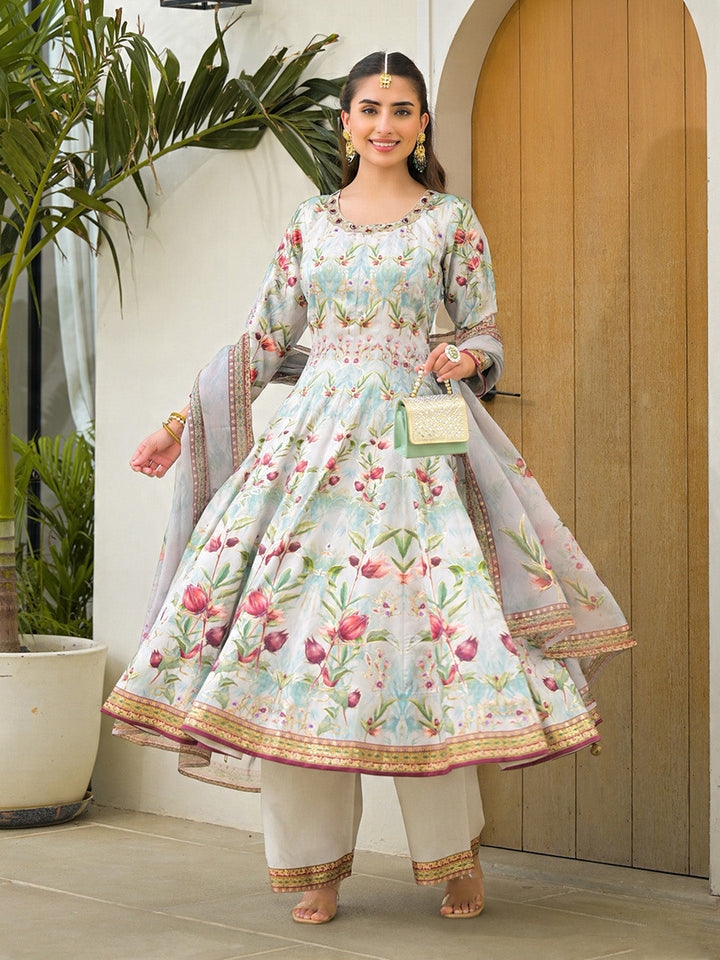 Embroidered Art Silk Kurta With Pant &amp; Dupatta