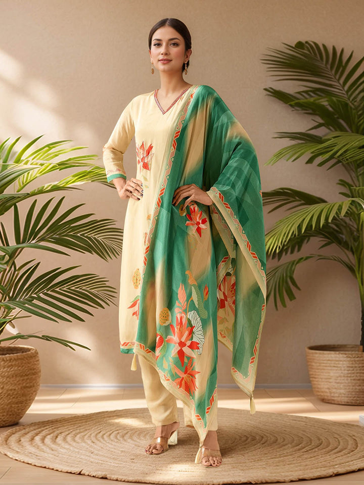 Neck Embroidery Crepe Kurta With Pants &amp; Dupatta
