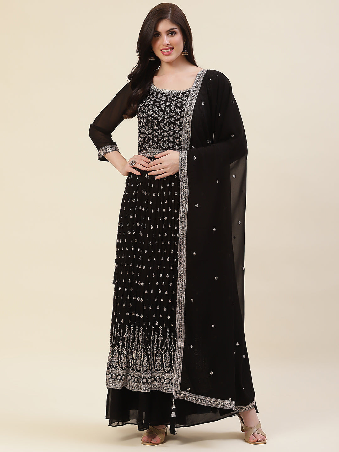 Zari Embroidered Georgette Kurta With Pants & Dupatta