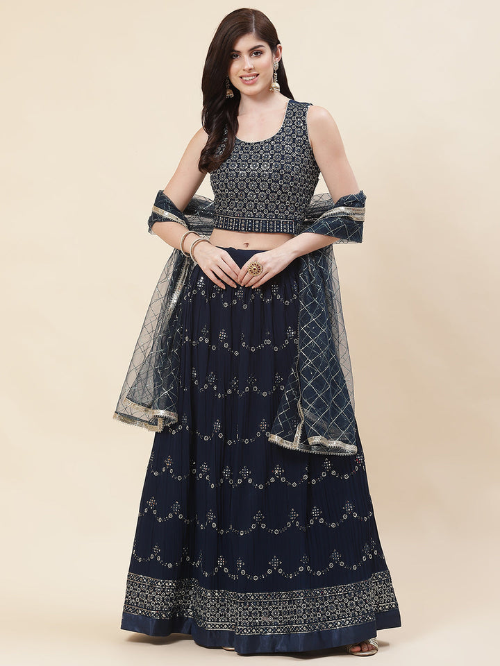 Embroidered Georgette Choli With Lehenga &amp; Dupatta