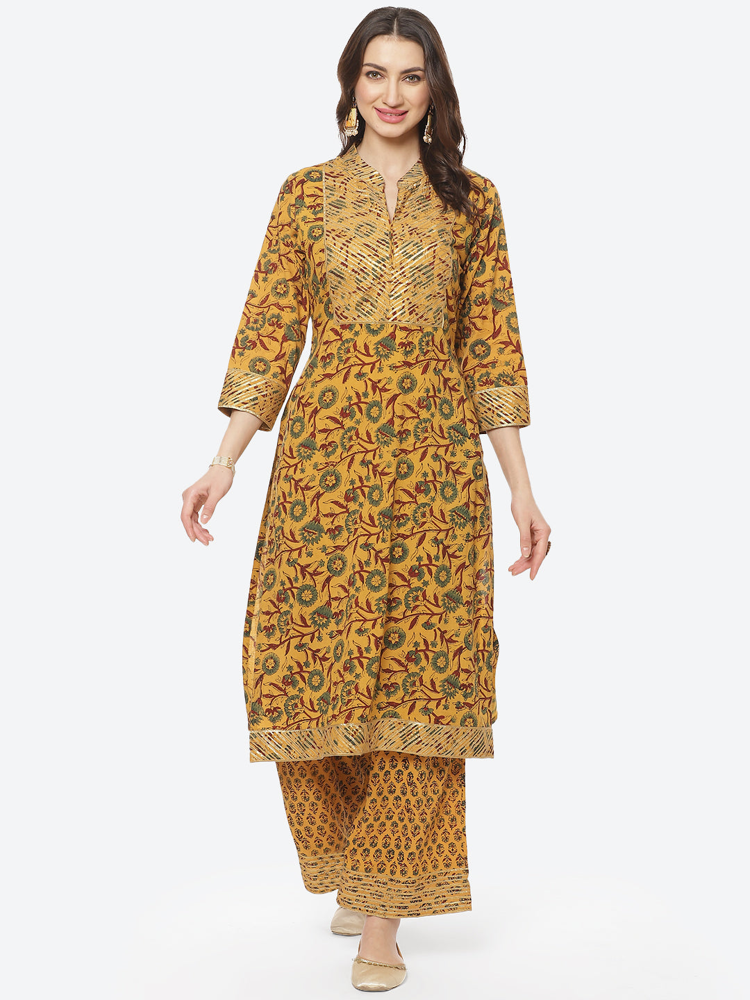 Printed Gota Neck Work Cotton Kurti With Palazzo