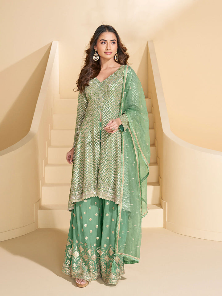 Embroidered Georgette Suit With Plazzo &amp; Dupatta