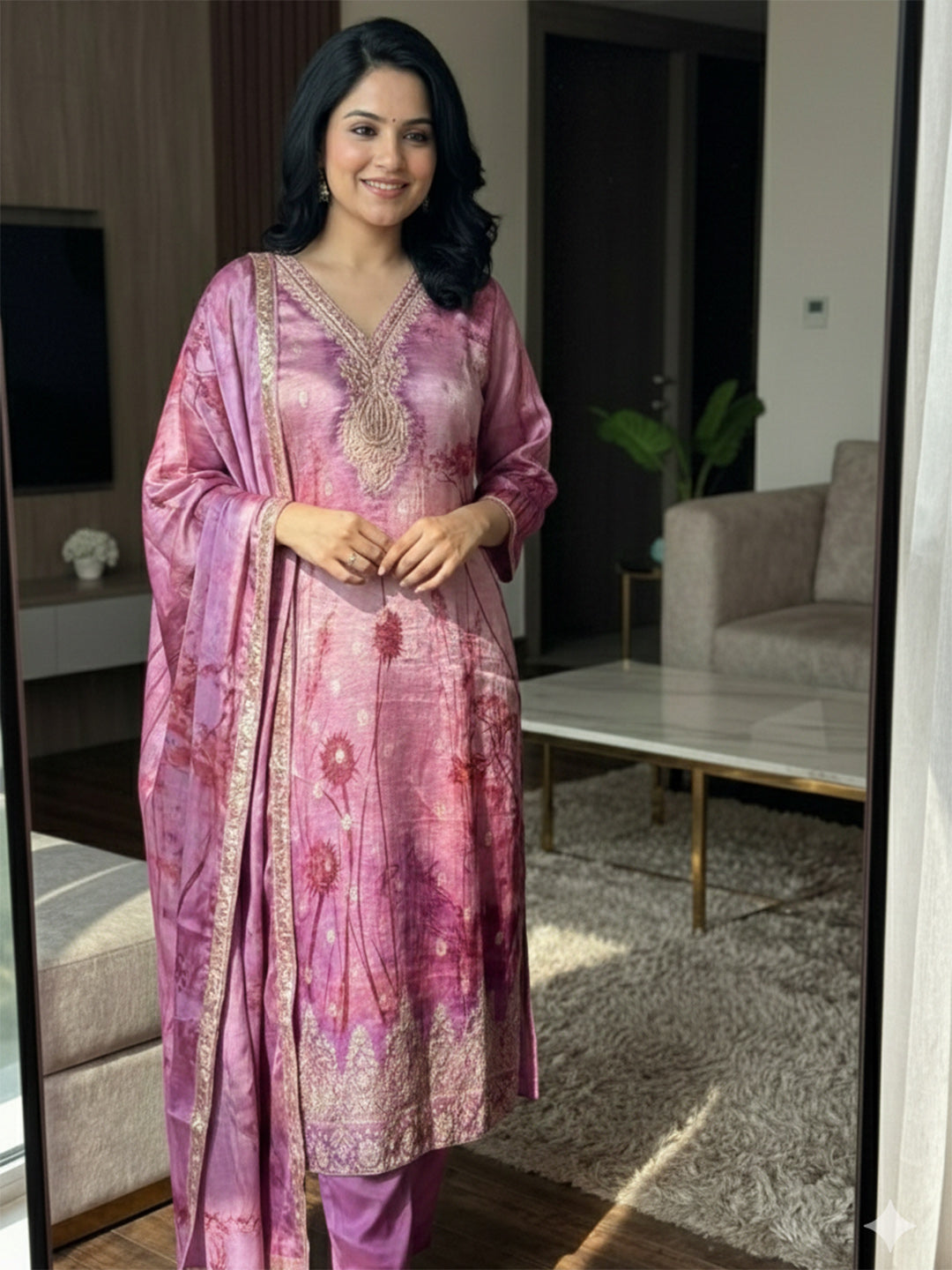 Printed Art Silk Kurta With Pant &amp; Dupatta