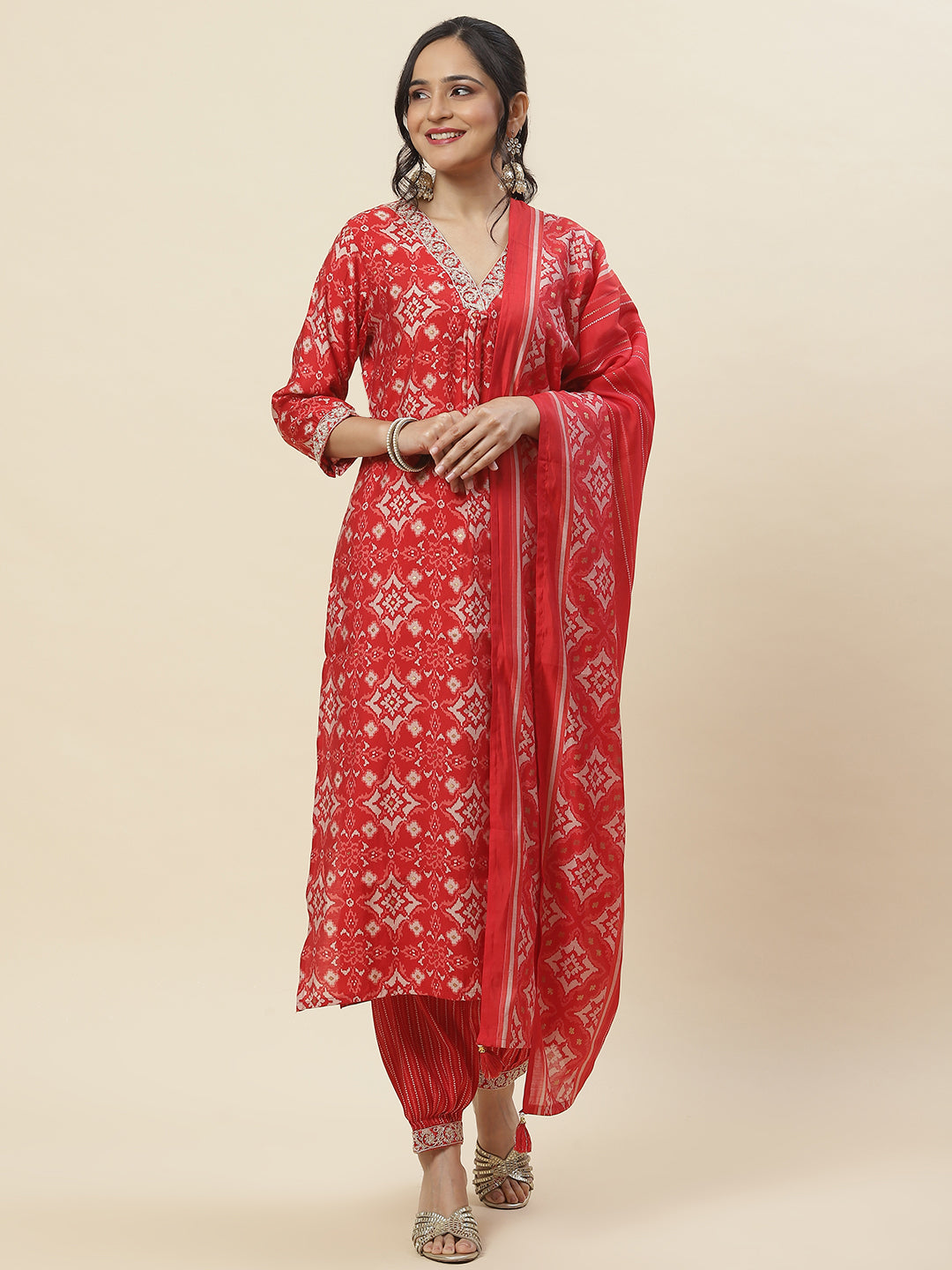 Floral Printed Cotton Kurta With Pants &amp; Dupatta