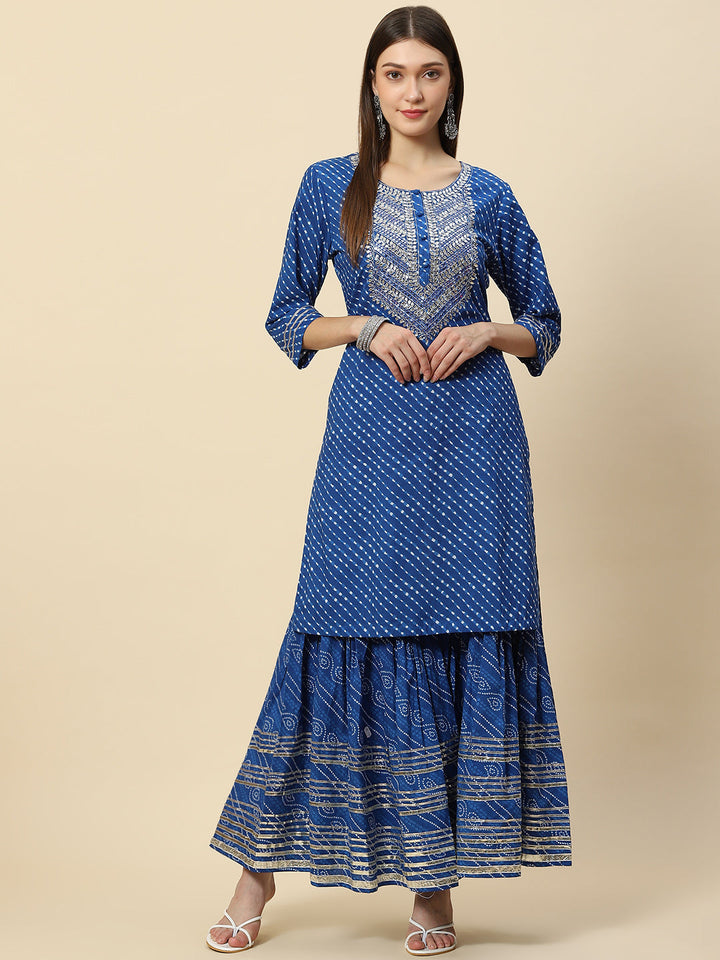 Leheriya Printed &amp; Embroidered Cotton Kurta With Sharara