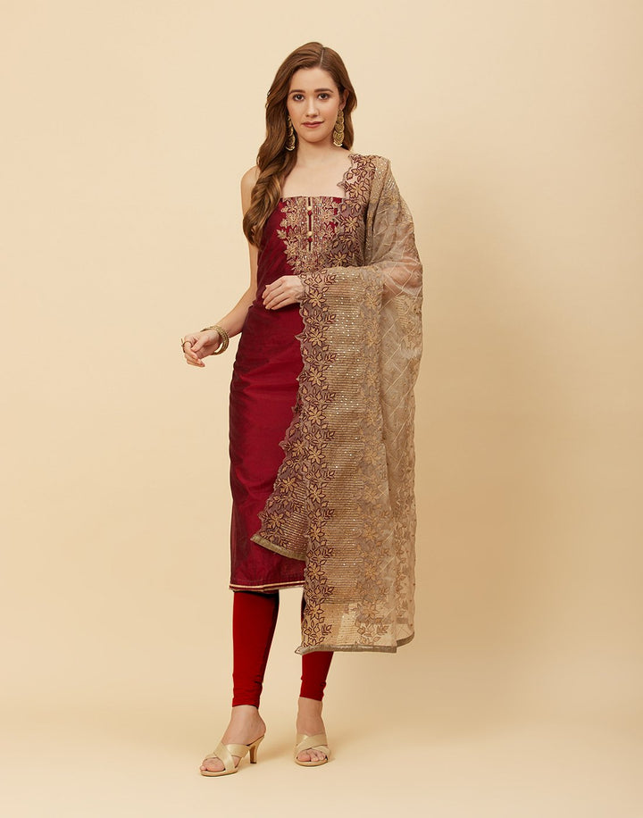 Embroidered Chanderi Suit Piece With Organza Dupatta