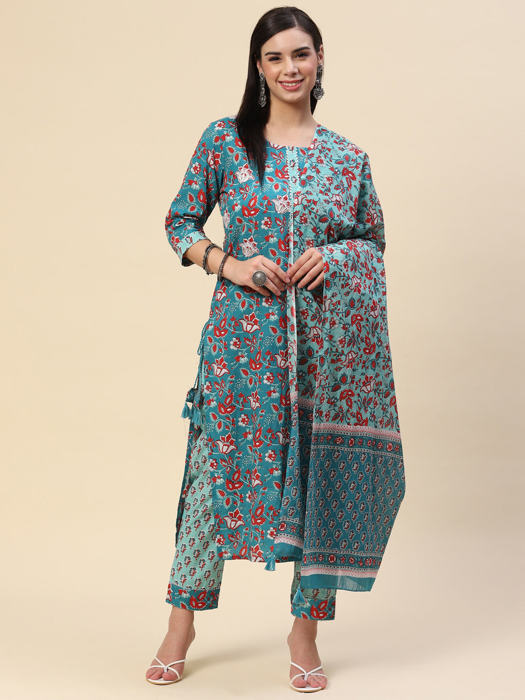 Block Printed Cotton Kurta With Pants &amp; Dupatta