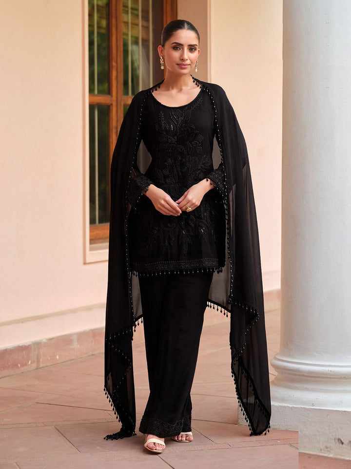 Embroidered Georgette Kurti With Pant &amp; Dupatta