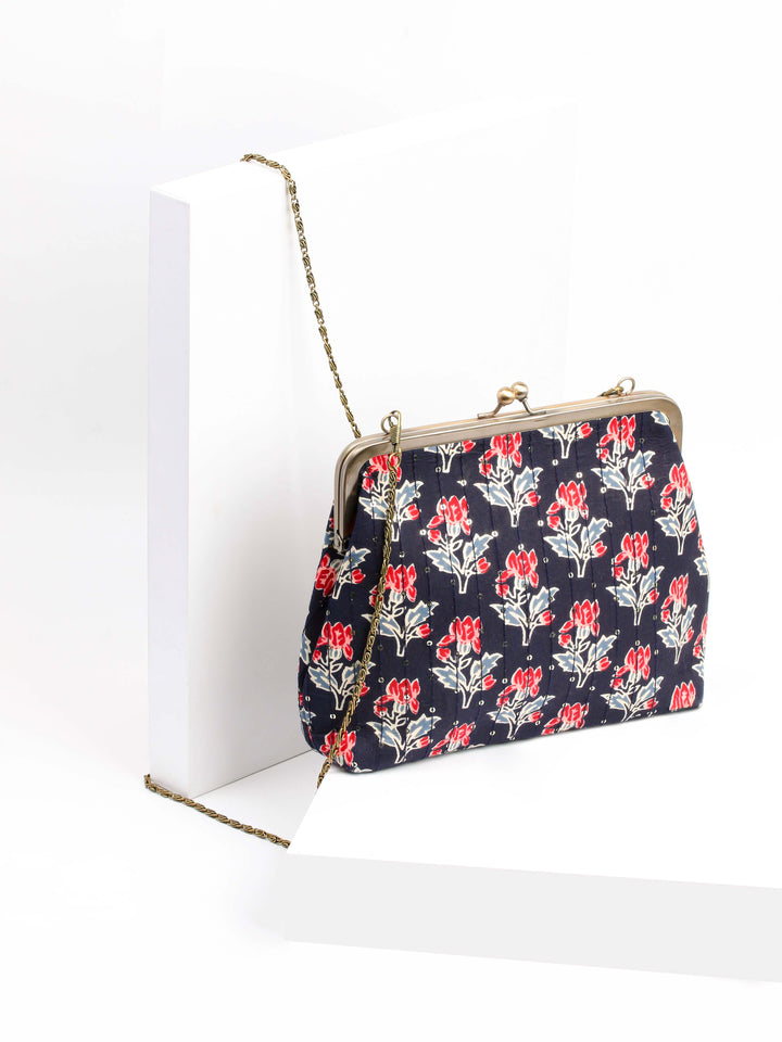 Navy Blue Printed Cotton Clutch