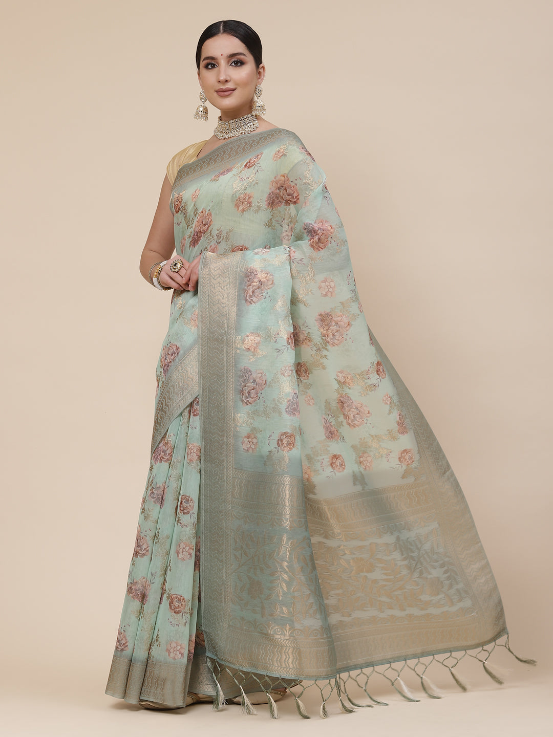 Floral Digital Printed Banarasi Pallu Cotton Saree