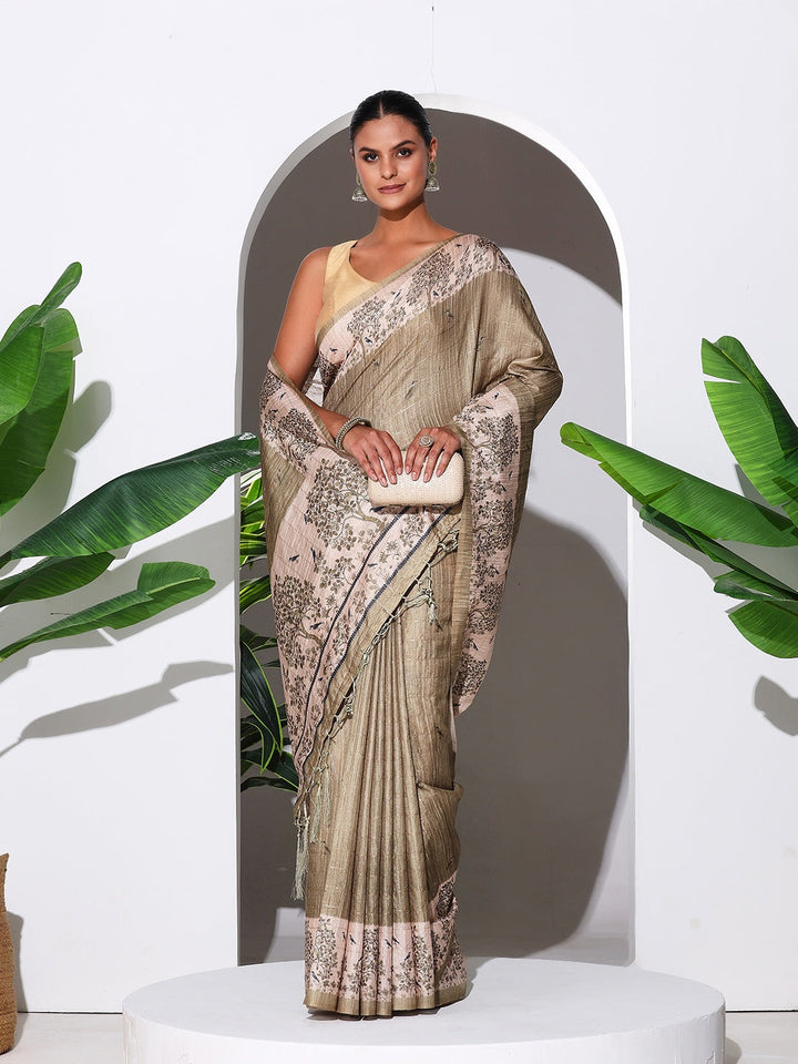 Floral Printed Tussar Silk Saree