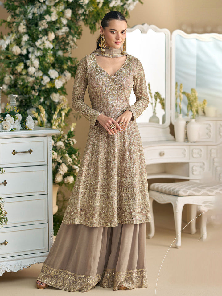 Embroidered Georgette Kurta With Plazzo &amp; Dupatta