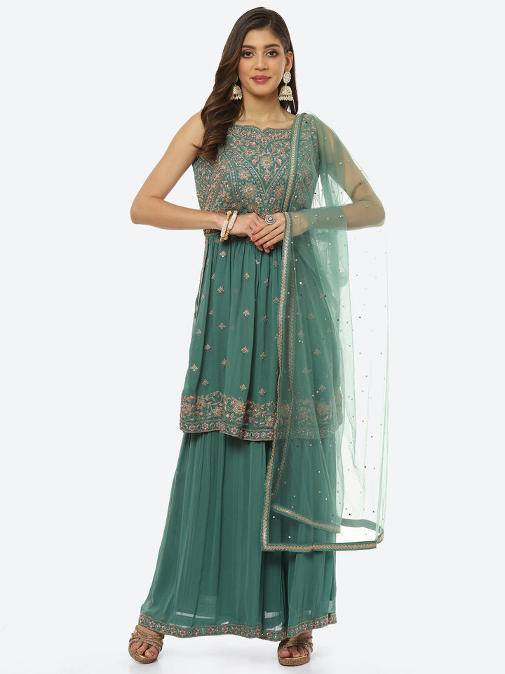 Embroidered Art Georgette Kurti With Sharara And Net Dupatta