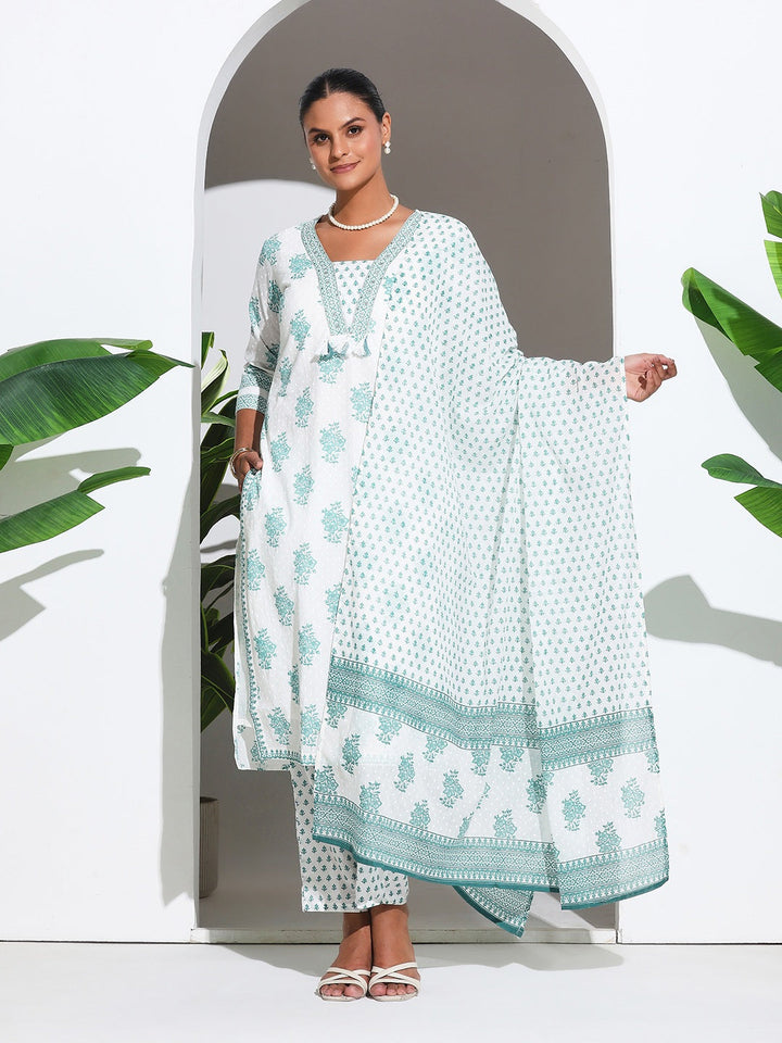 Printed Cotton Blend Kurta With Pant &amp; Dupatta