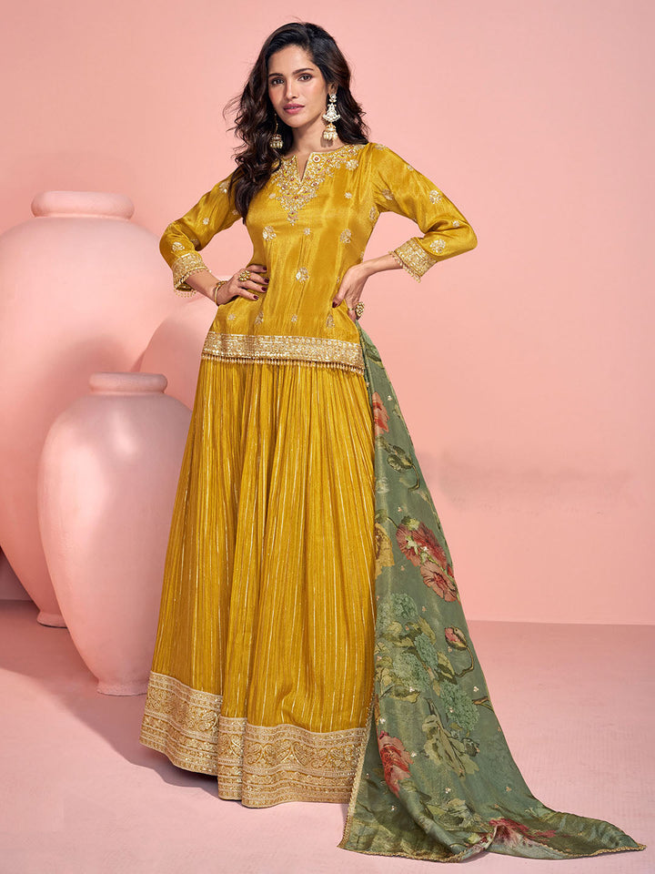 Embroidered Simar Silk Kurti With Sharara &amp; Dupatta