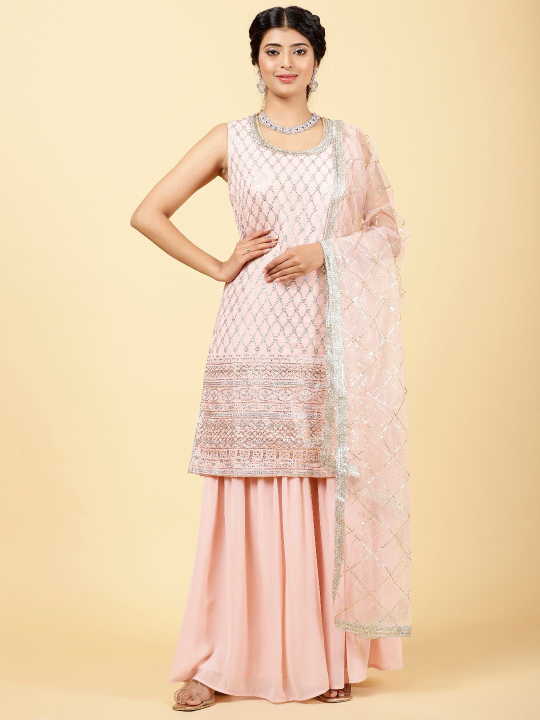 Sequin Georgette Kurta With Palazzo  &amp; Dupatta