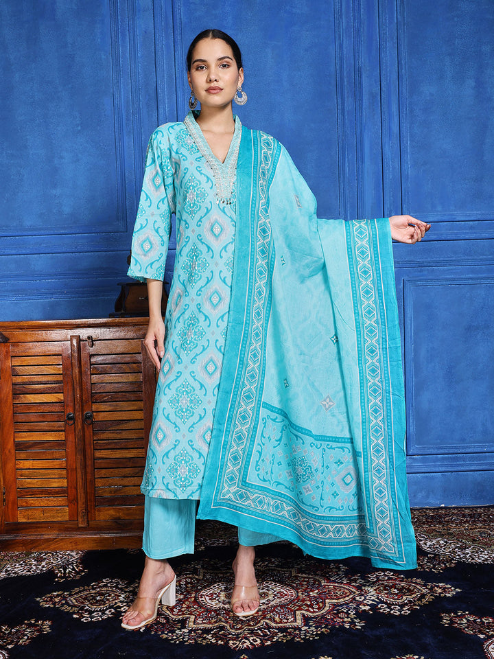 Printed Cotton Blend Kurta With Pants &amp; Dupatta