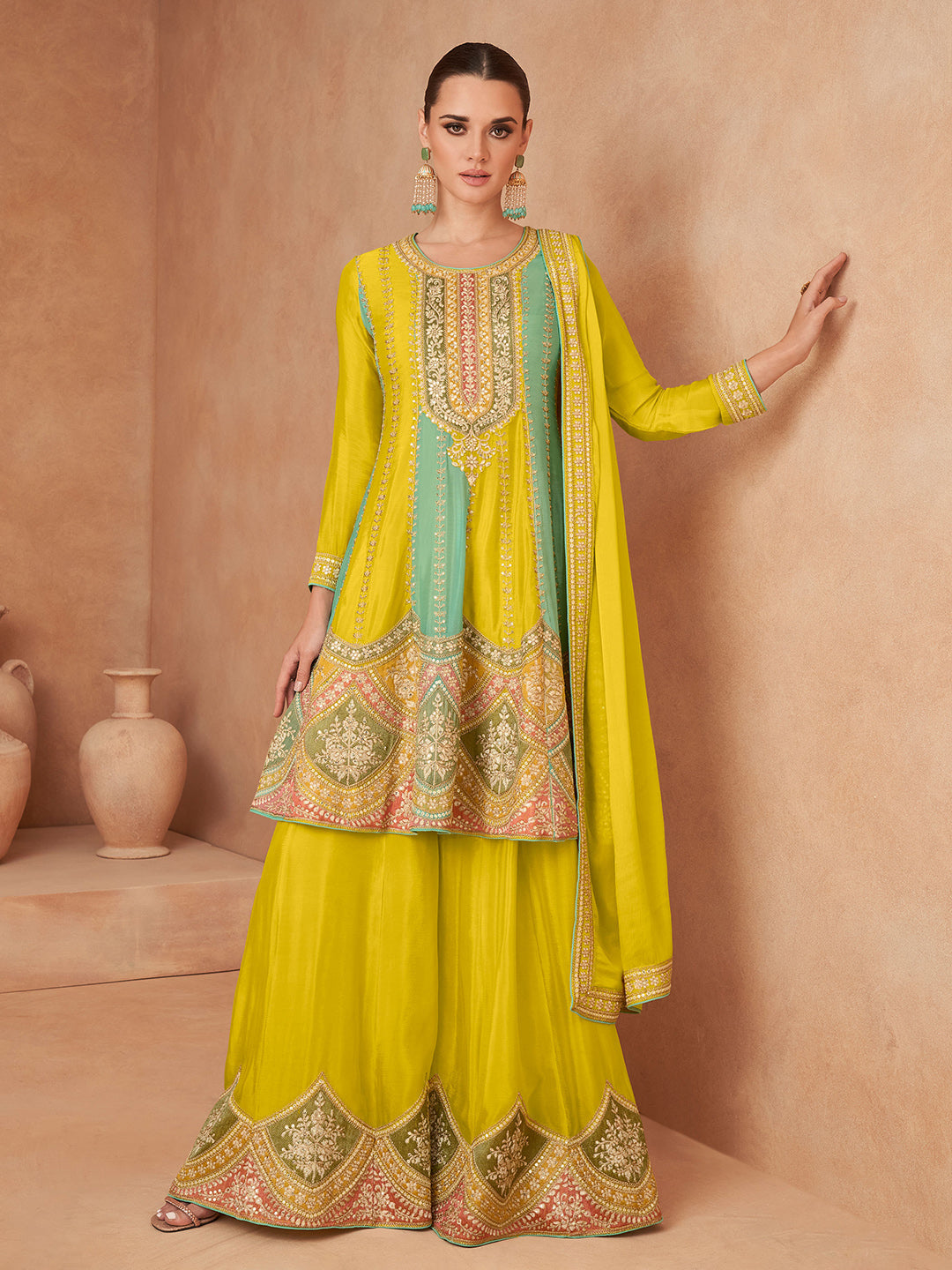 Embroidered Chinnon Kurta With Plazzo &amp; Dupatta